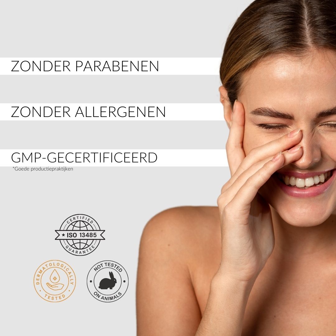 Tekst: Zonder parabenen, Zonder allergenen, GMP-gecertificeerd. Logo's: ISO 13485, Dermatologisch getest, Niet getest op dieren.