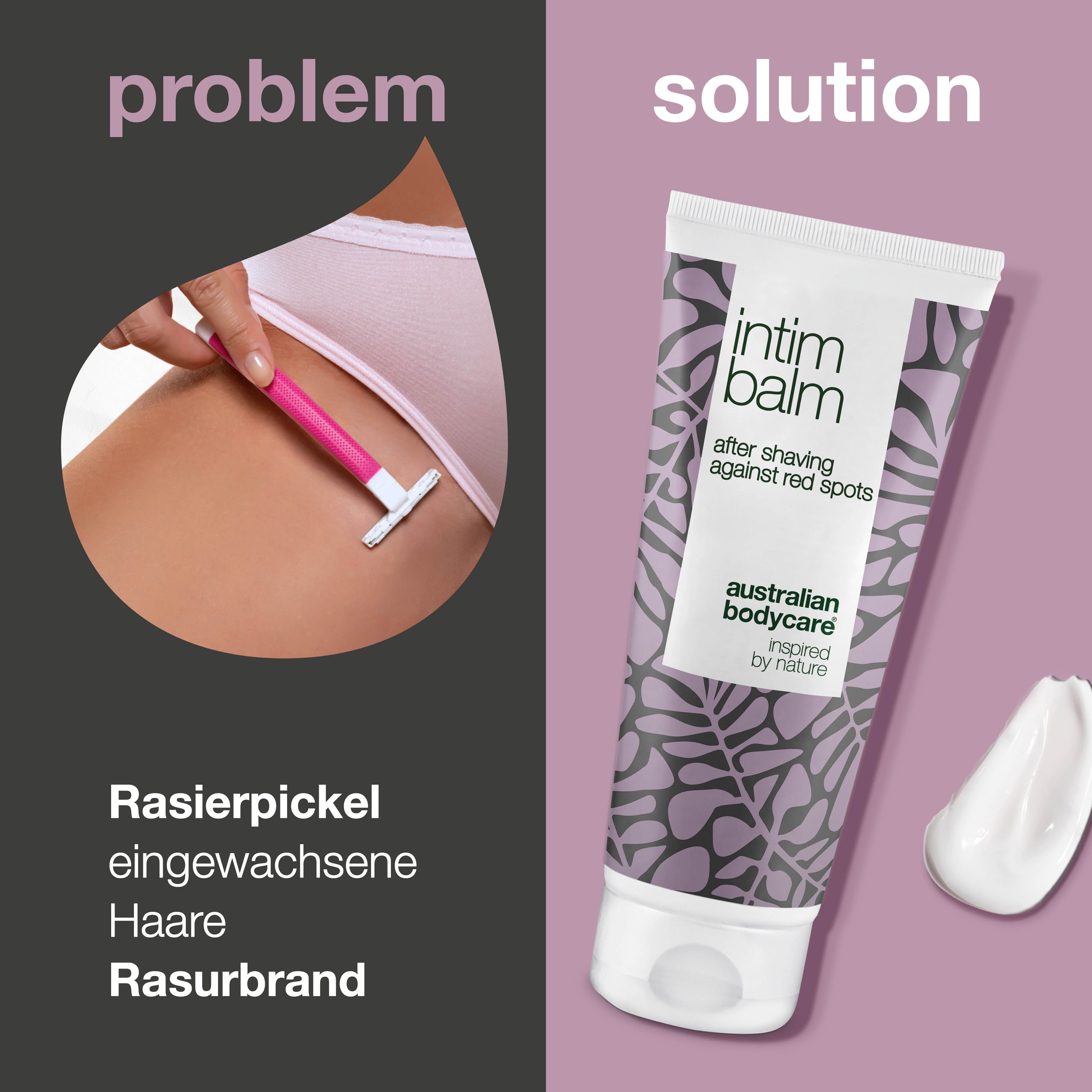 Zwei Produkte, „intim balm“ und „intim shave“. Marke: Australian Bodycare.