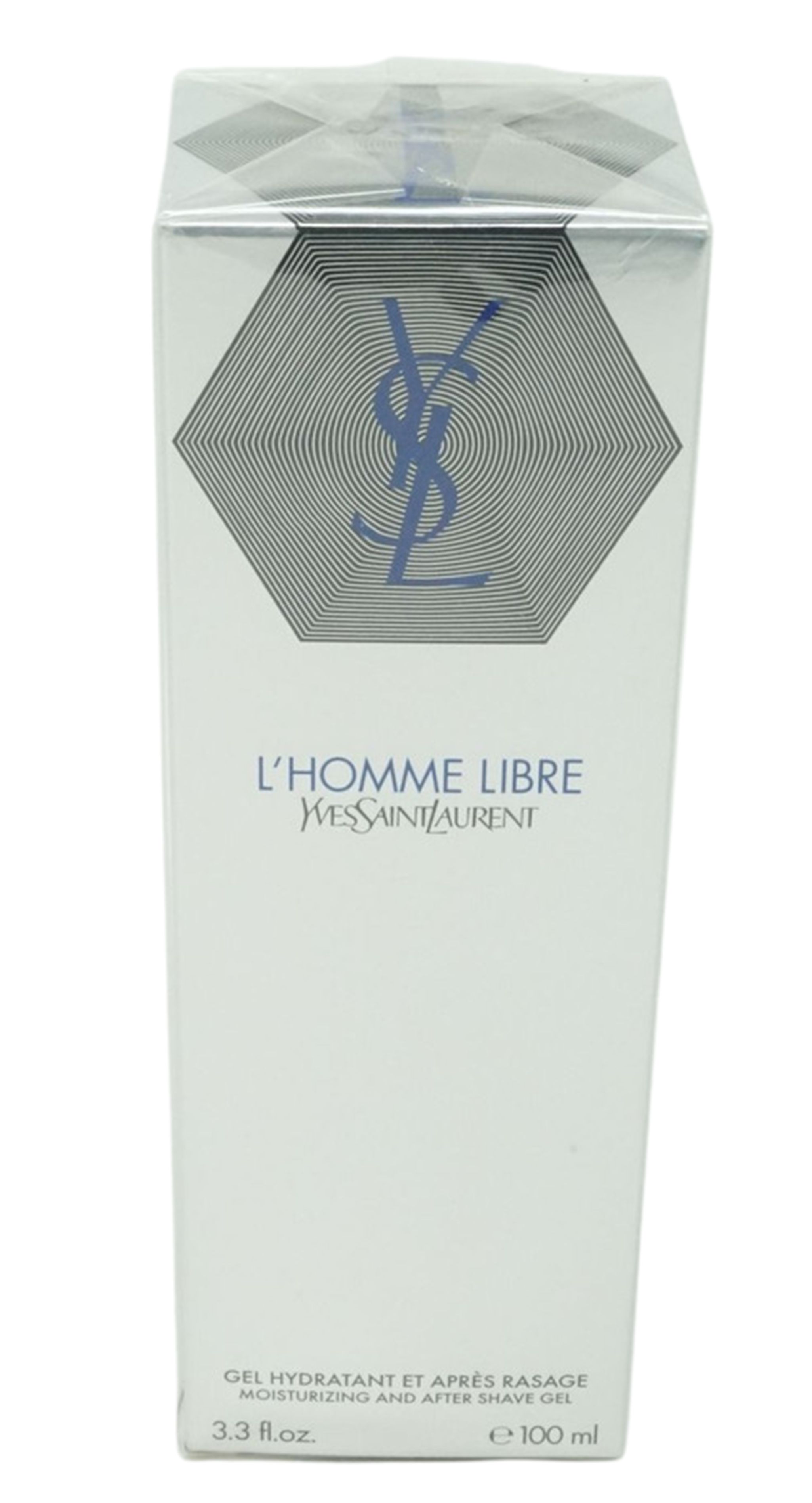 Weiße rechteckige Verpackung. Oben Logo mit geometrischem Muster. Text: L'Homme Libre, Yves Saint Laurent. Gel für nach der Rasur.