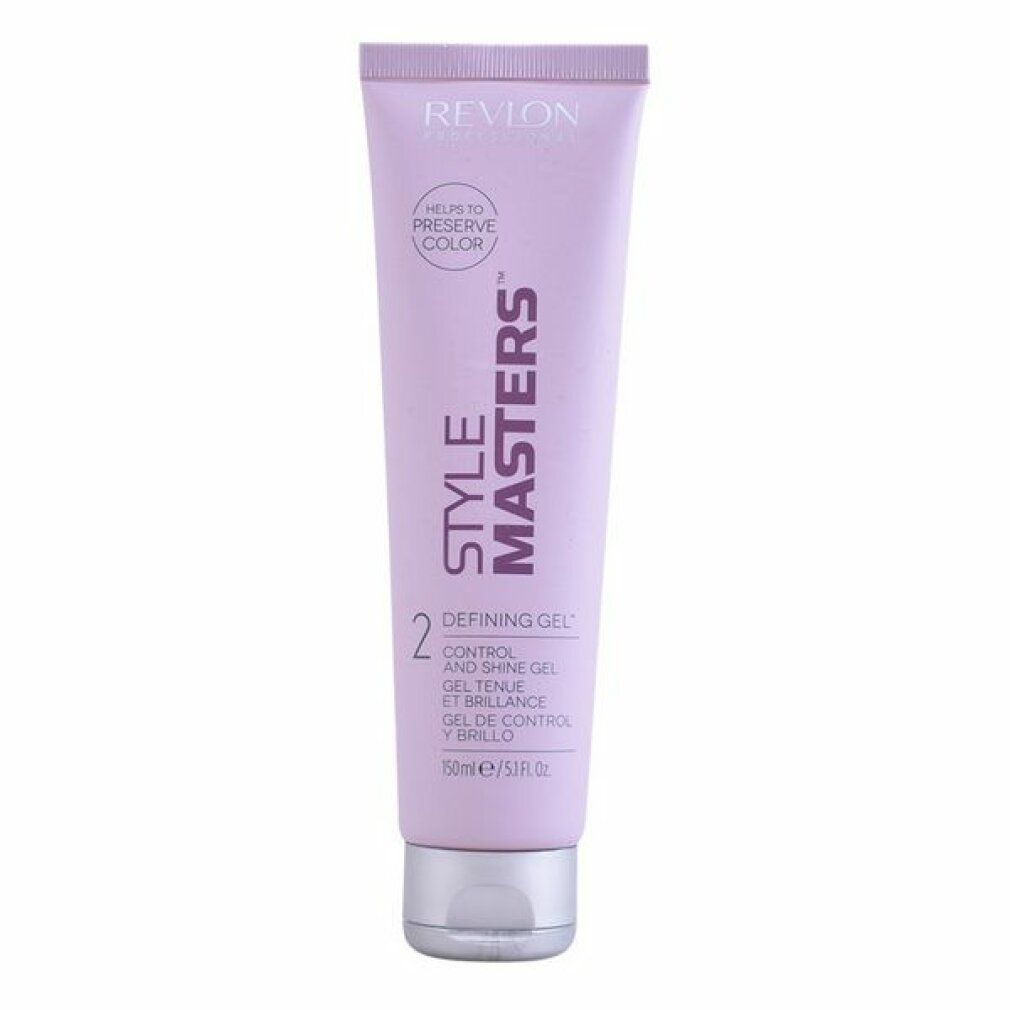 Revlon Style Masters Defining Gel Tube. Helllila Tube mit silberner Kappe. Text: Revlon, Style Masters, Defining Gel, 150ml/5.1 fl.oz.