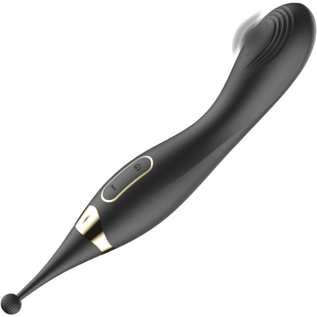Schwarzer Vibrator mit goldfarbenen Akzenten. Er hat eine gebogene Form mit einer abgerundeten Spitze und einer Kugel am anderen Ende.