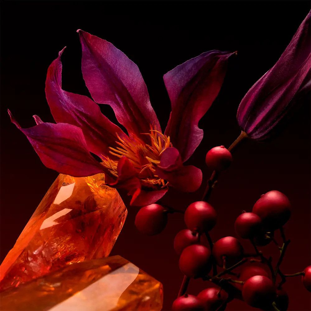 Nahaufnahme einer Blume mit roten Beeren und einem orangefarbenen Kristall vor dunklem Hintergrund.