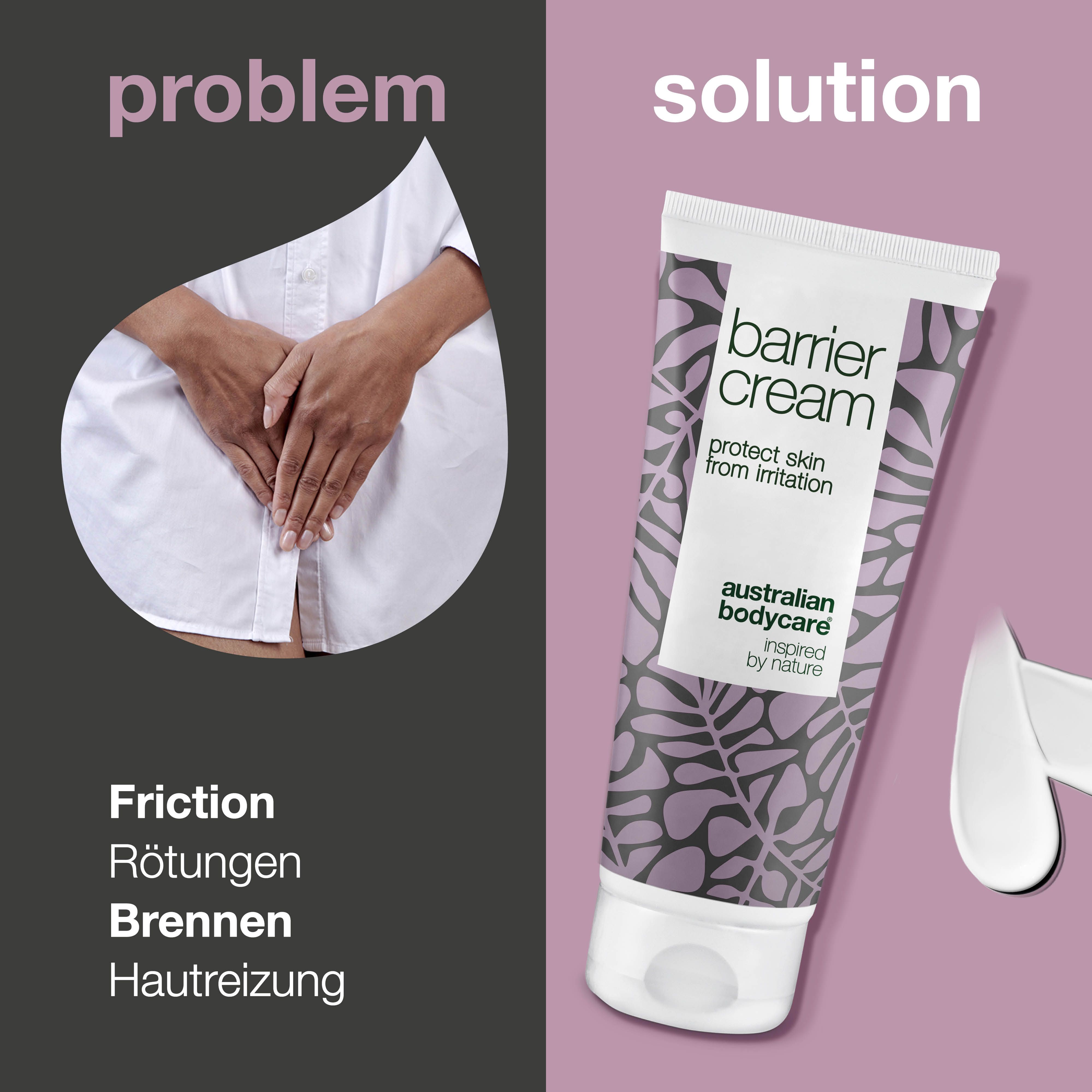 Grafik: Problem und Lösung. Tube Barrier Cream. Aufschrift: protect skin from irritation. Marke: Australian Bodycare.