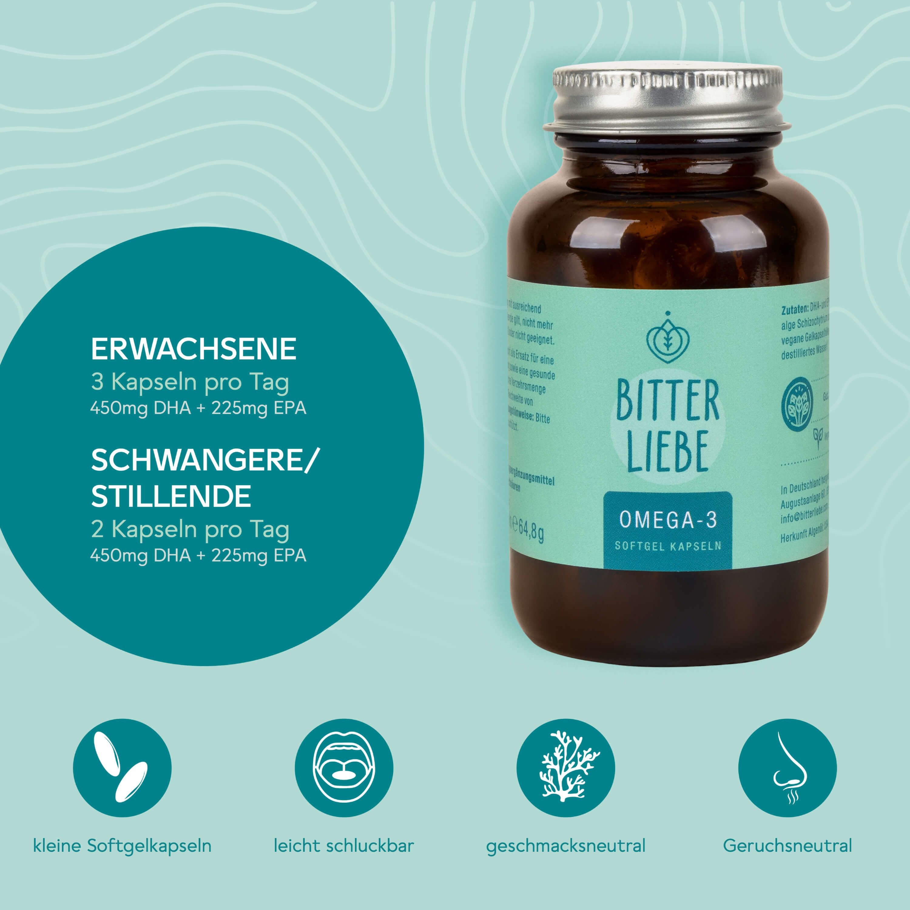 Braune Glasflasche mit silbernem Deckel. Text: "BitterLiebe Omega-3 Softgel Kapseln". Grafiken und Text zu Dosierung für Erwachsene und Schwangere.