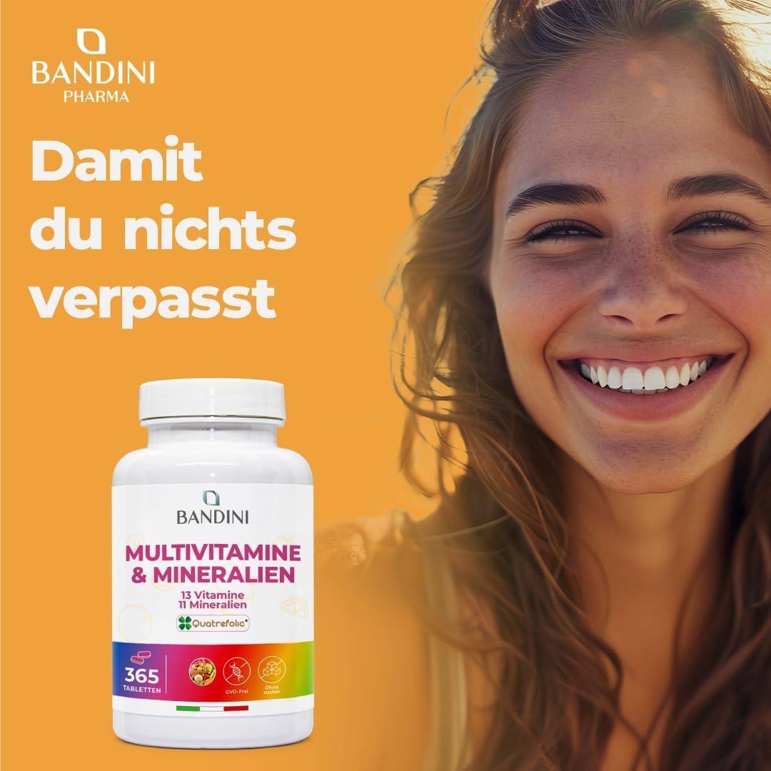 Bandini Multivitamin Tabletten-Dose. Aufschrift: Multivitamine & Mineralien. 365 Tabletten. Frau lächelt.