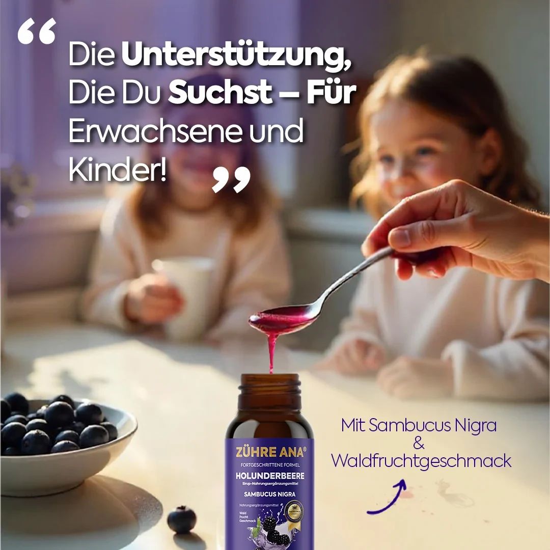 Zwei Kinder und eine Hand mit einem Löffel, der Zühre Ana Holunderbeere Sirup enthält. Text: Die Unterstützung, die Du suchst - für Erwachsene und Kinder!