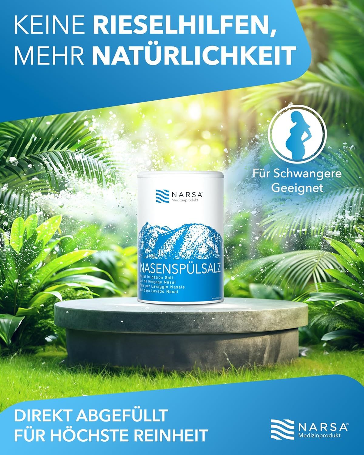 NARSA Nasenspülsalz Dose auf Podest. Geeignet für Schwangere. Direkt abgefüllt für Reinheit.