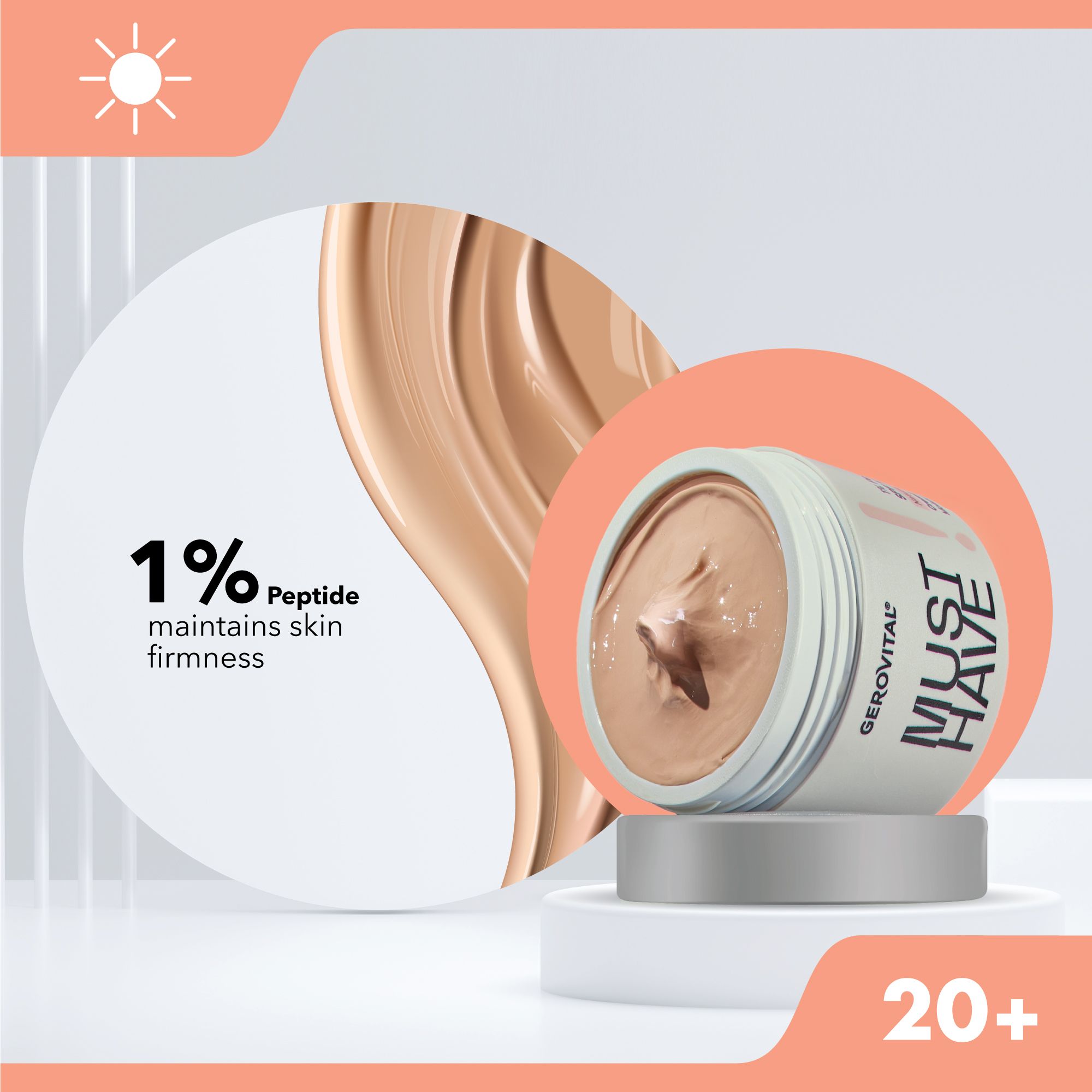 Creme-Tiegel auf Podest. Text: 1% Peptide maintains skin firmness. Creme-Textur.