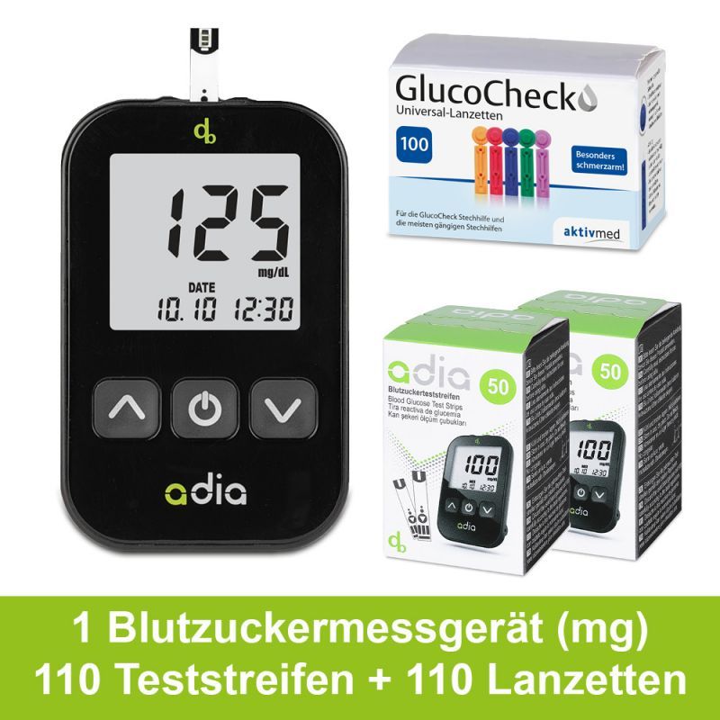 adia Blutzuckermessgerät (mg/dl) Set + 110 Blutzuckerteststreifen Lanzetten 1 St