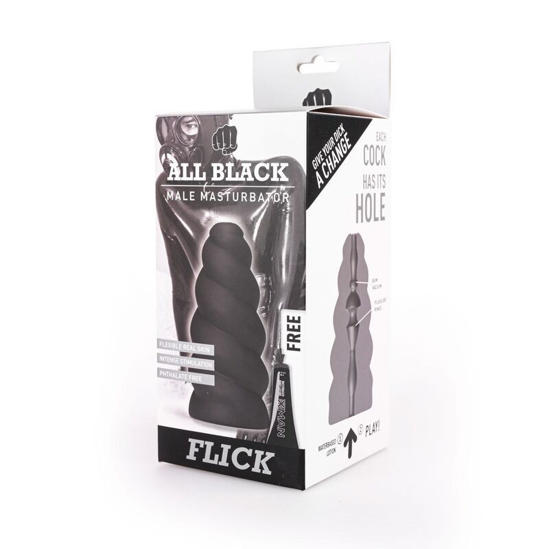 Schwarzer Masturbator in Verpackung. Produktname: All Black. Verpackung mit Produktabbildung und Text. Marke: Flick.