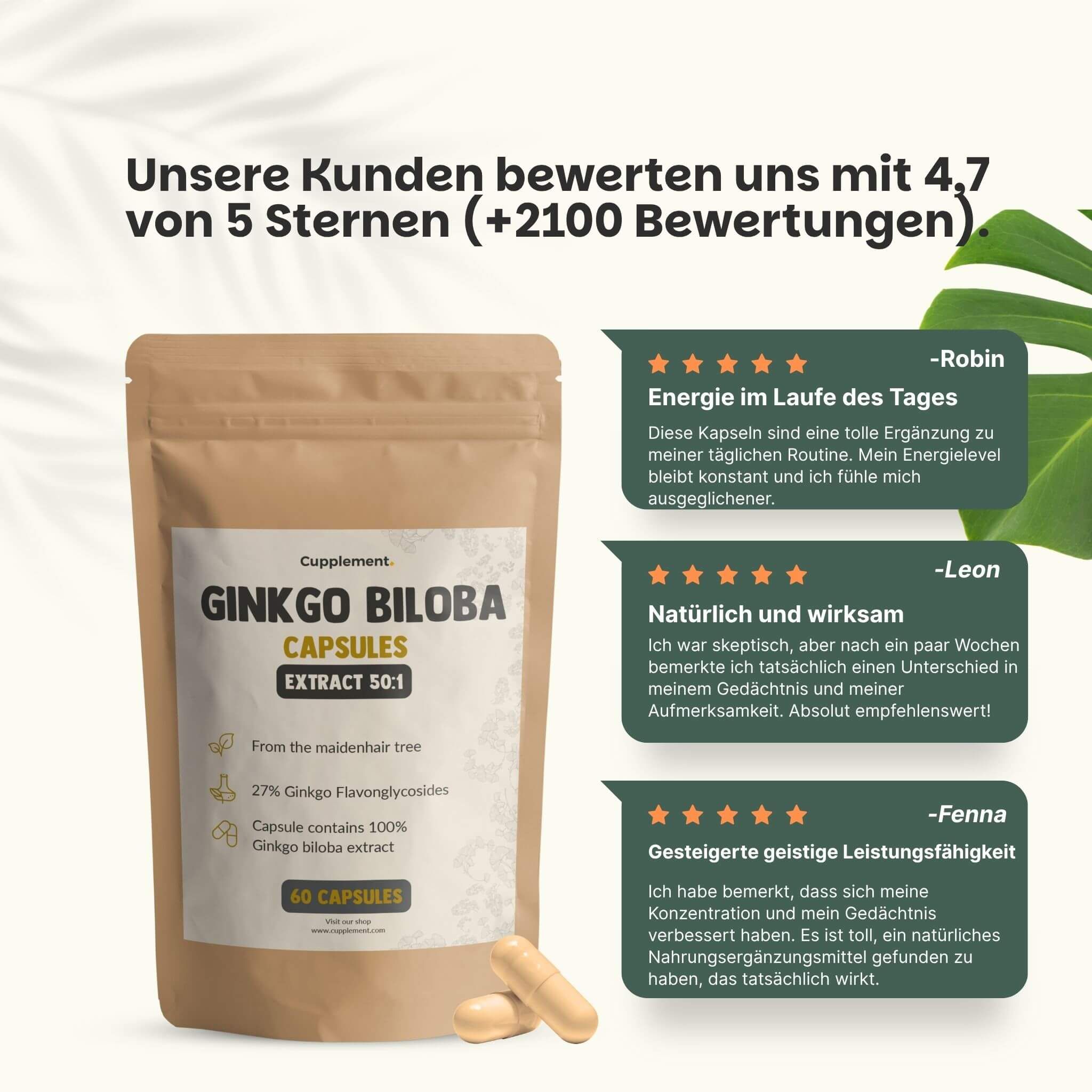 Beutel mit Ginkgo Biloba Kapseln und Kundenbewertungen. 4.7/5 Sterne. Zitate von Kunden.