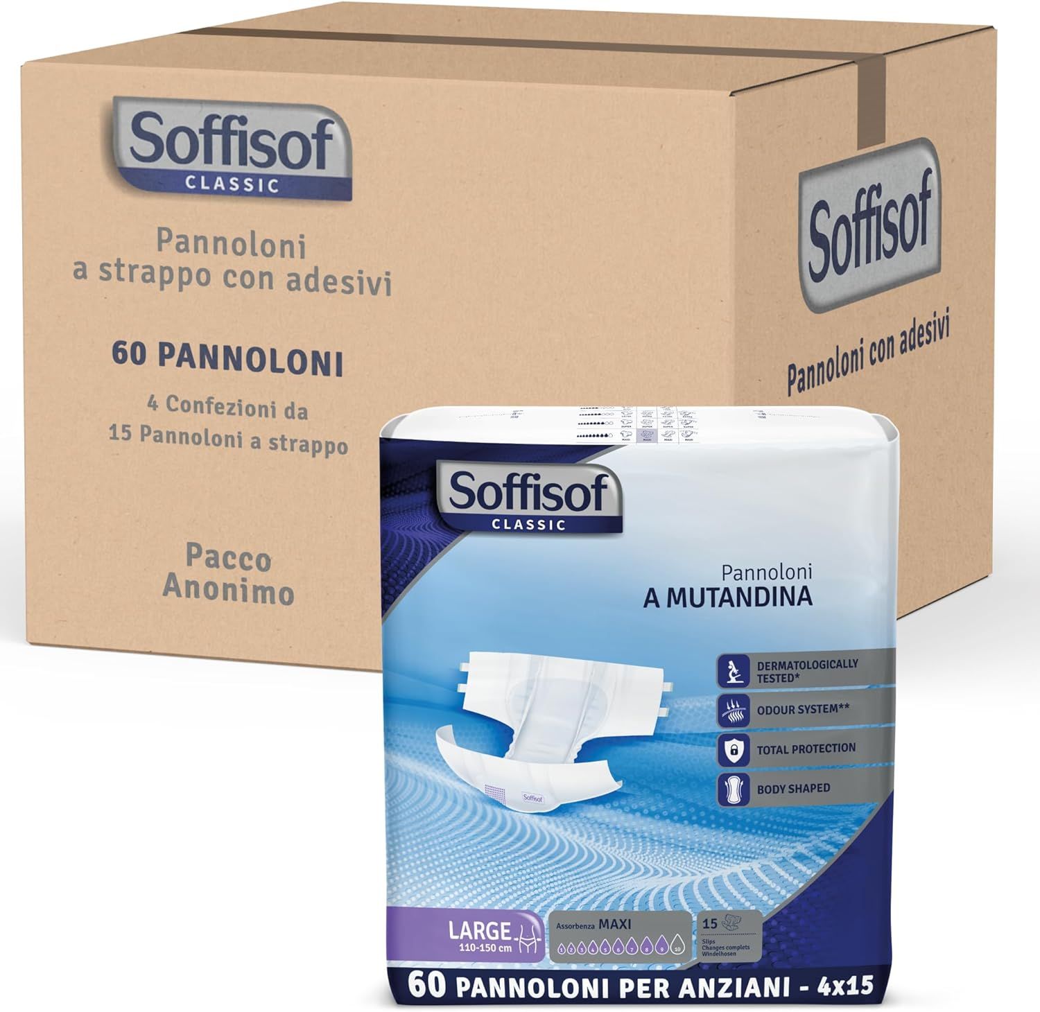 Soffisof Classic Windeln für Erwachsene. Verpackung mit 60 Stück. Karton mit Packungen. Produktname und Logo sichtbar.