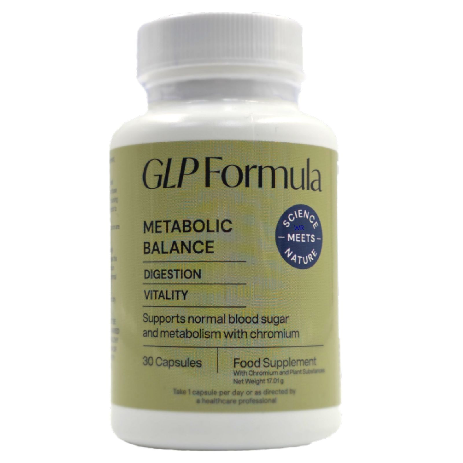 Weiße Flasche mit GLP Formula-Etikett. Text: Metabolic Balance, 30 Kapseln. Aufkleber: Science meets Nature.