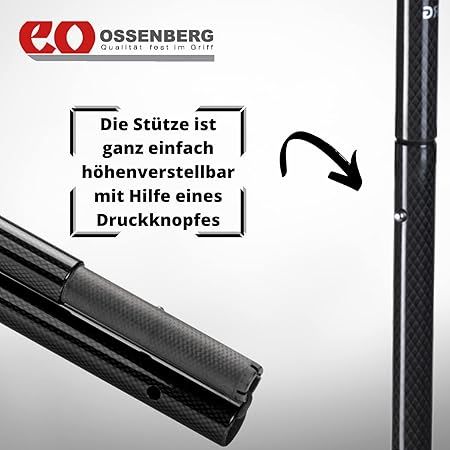 Gehhilfe mit Logo. Detail der Höhenverstellung. Text.
