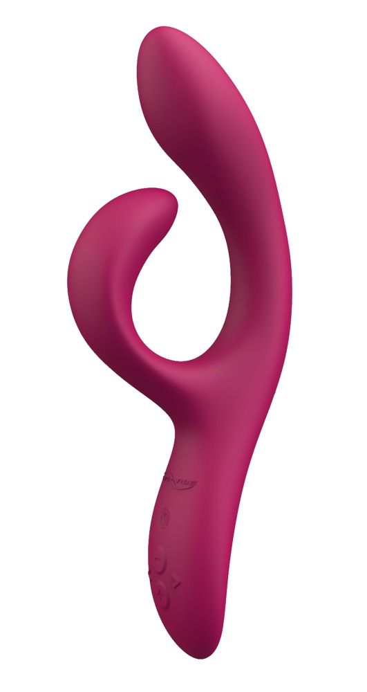 Rosa Vibrator. Geschwungene Form mit Knöpfen. Glatte Oberfläche.