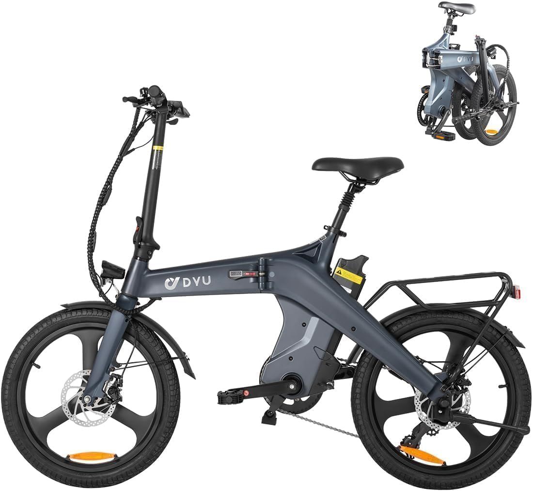 Graues DYU E-Citybike mit Gepäckträger. Klapprahmen, schwarze Räder, Scheinwerfer, Rücklicht. DYU-Logo.