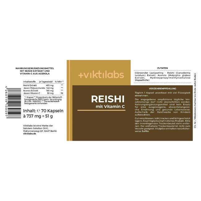Produktetikett mit Inhaltsstoffen und Verzehrempfehlung. Text: Reishi mit Vitamin C, 70 Kapseln, 51g.