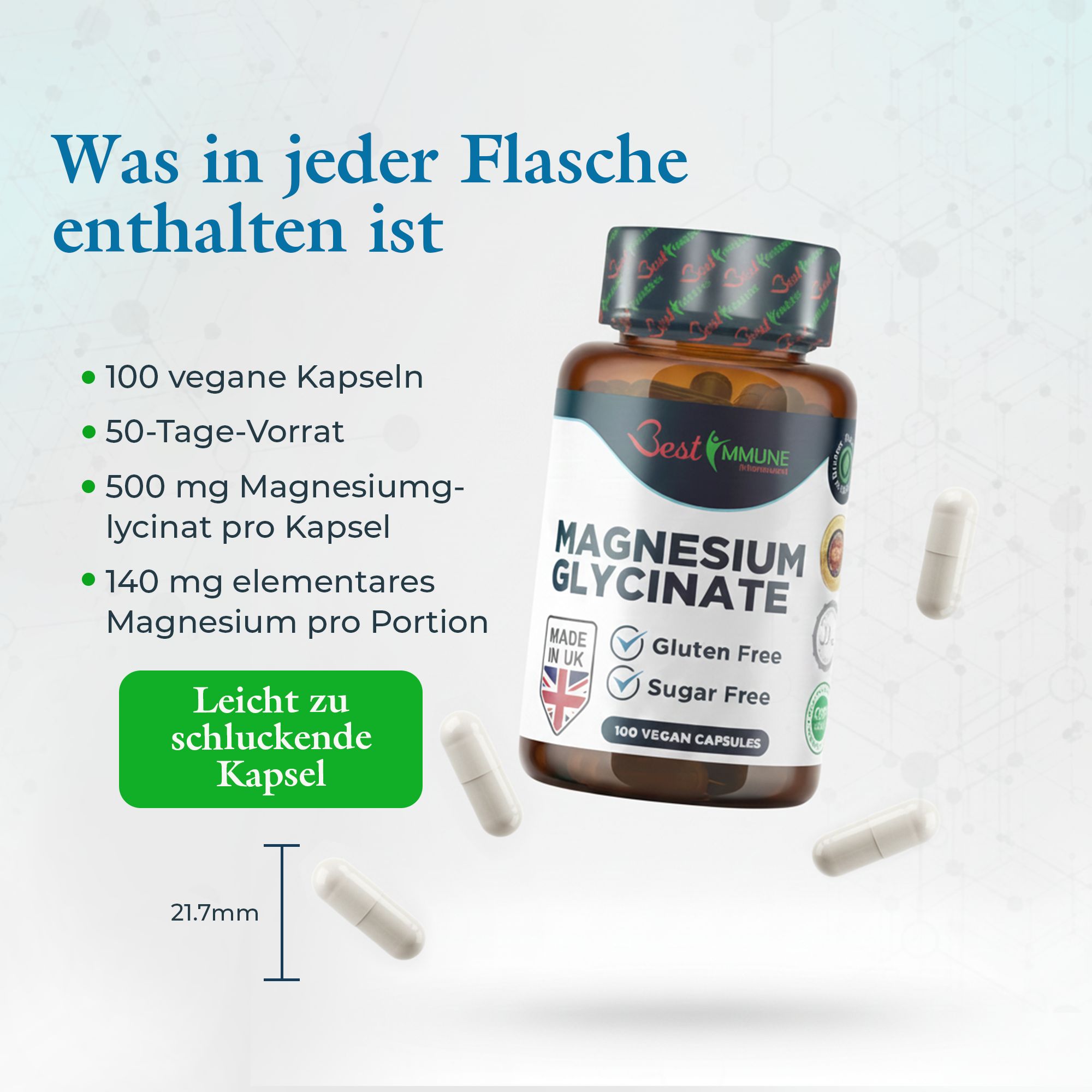 Flasche Magnesiumglycinat mit Liste der Inhaltsstoffe und Kapselgröße (21.7mm).