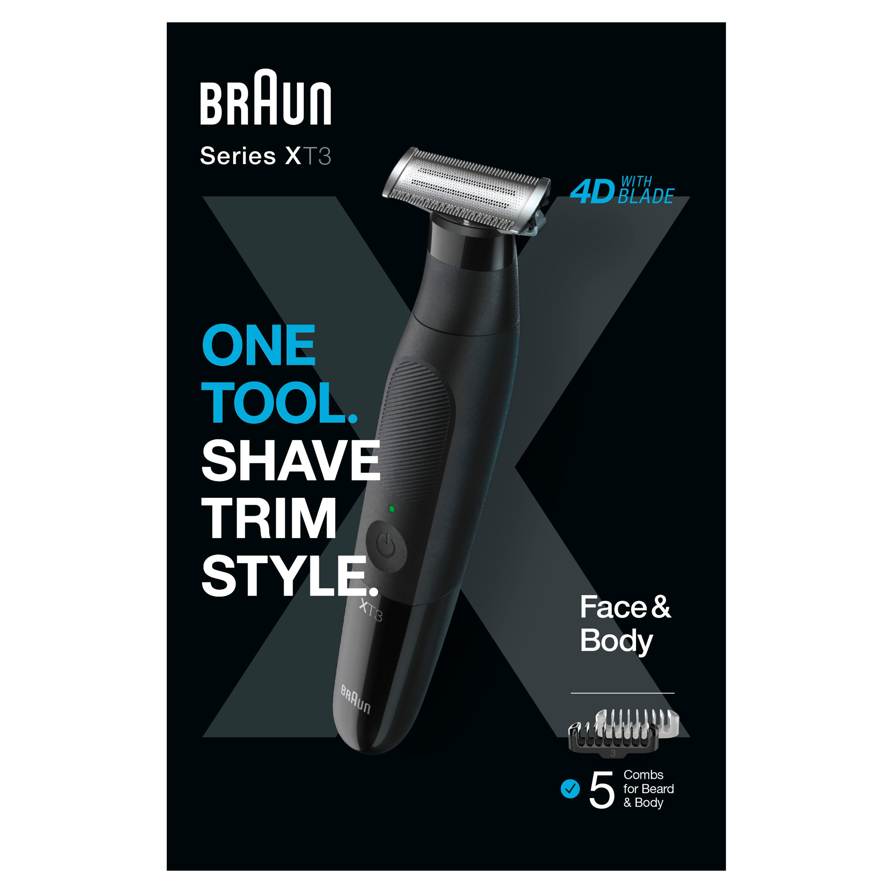 Braun Series X XT3200 Verpackung. Zeigt den schwarzen Trimmer, Text und Produktabbildungen.