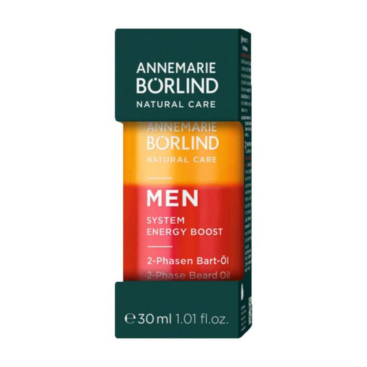 ANNEMARIE BÖRLIND MEN 2-Phasen Bart-Öl in Verpackung. Grün-weiße Schachtel. Text: MEN, 2-Phasen Bart-Öl, 30 ml.