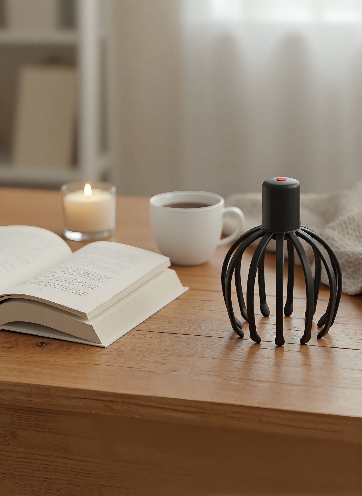 Kopfhaut-Massager mit schwarzer Basis und Fingern, steht auf einem Holztisch. Daneben eine Tasse und ein Buch.