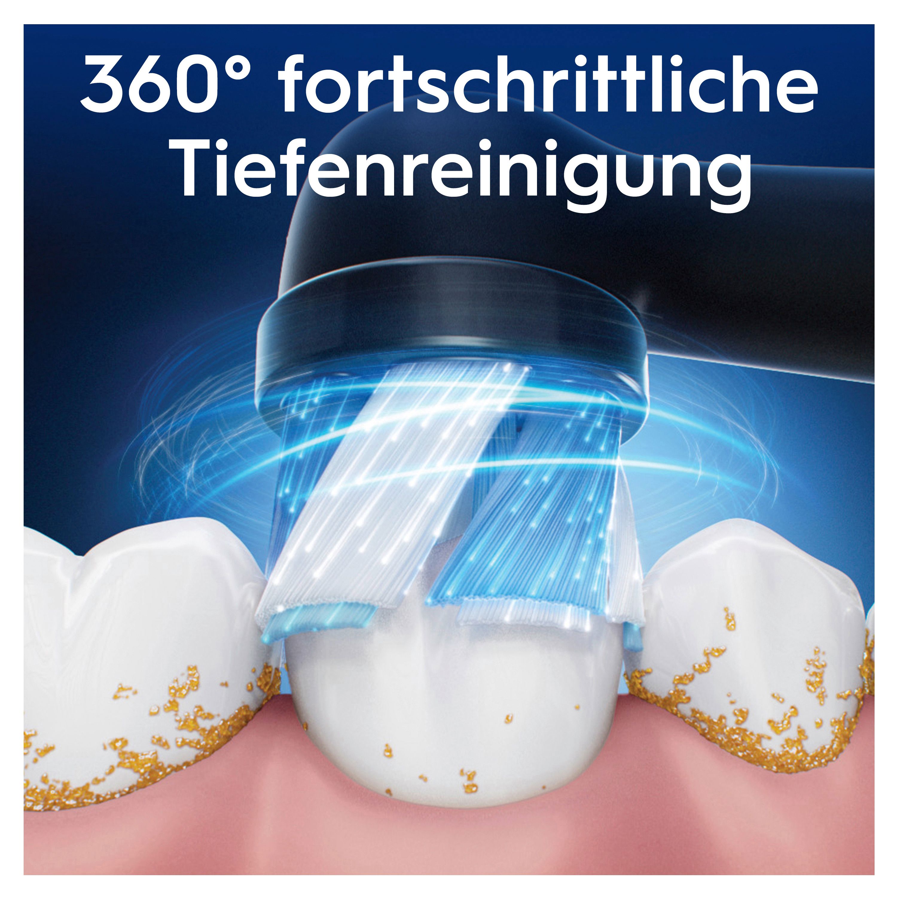 Nahaufnahme einer Zahnbürste, die Zähne reinigt. Text: 360° fortschrittliche Tiefenreinigung.