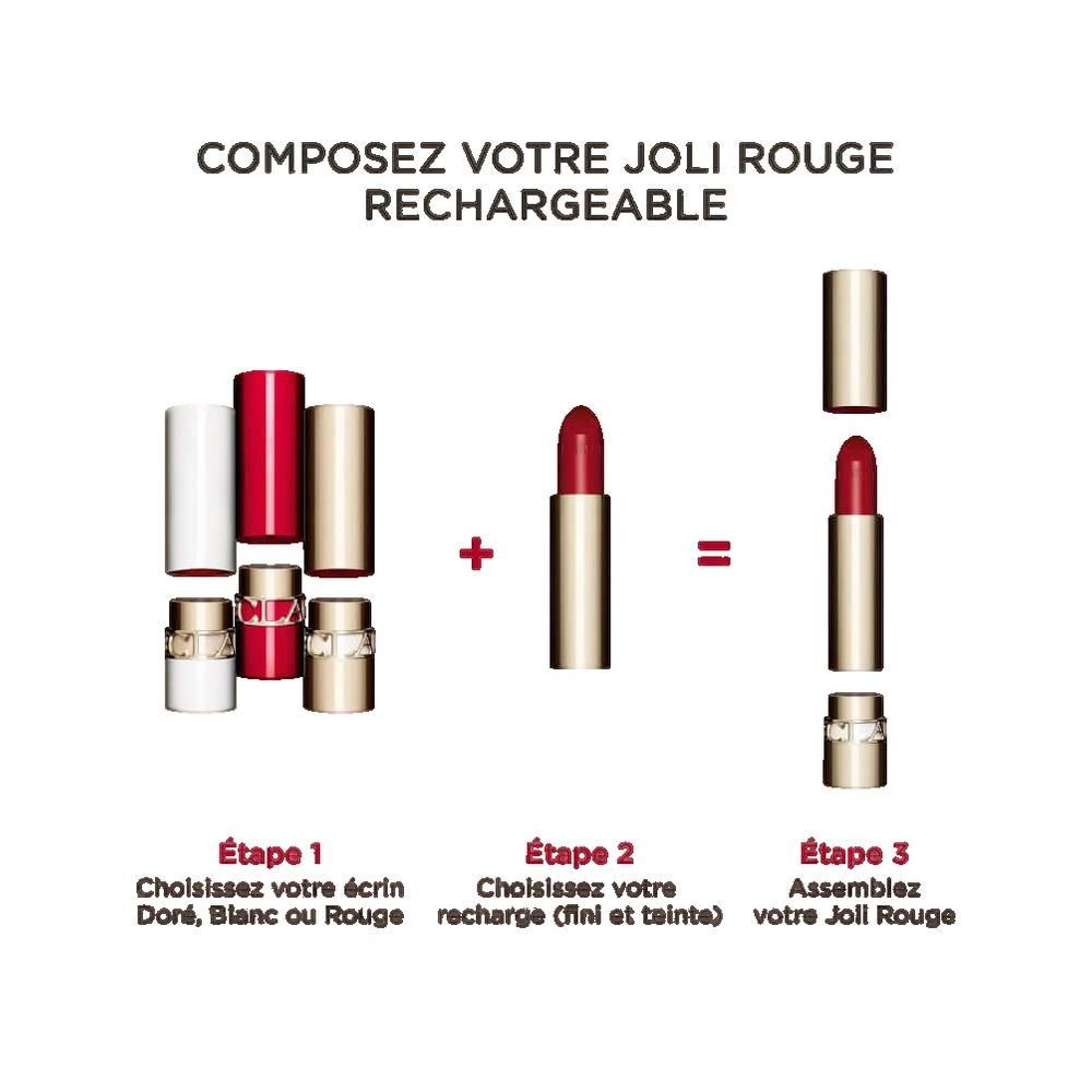 Grafische Darstellung des Zusammenbaus eines nachfüllbaren Lippenstifts. Einzelteile: Hülse, Nachfüllung, Basis. Text: 'Composez votre Joli Rouge rechargeable'.