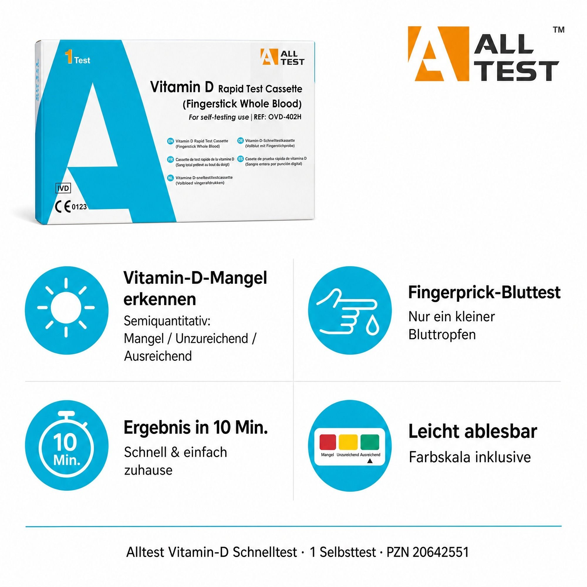 Alltest Vitamin-D Schnelltest: Erkennung von Mangel, Fingerstich-Bluttest, Ergebnis in 10 Min.