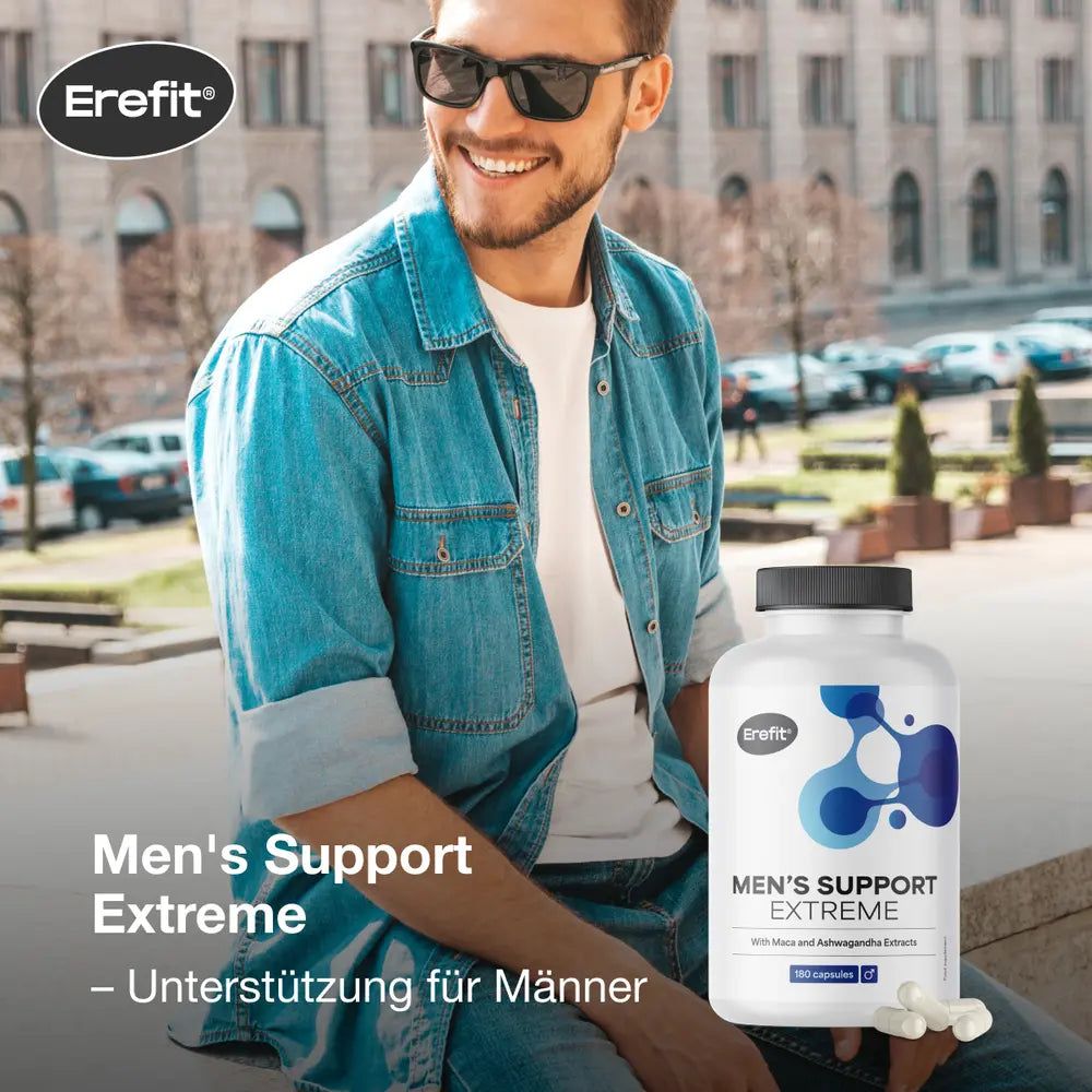 Mann mit Sonnenbrille und Jeanshemd. Neben ihm steht eine Flasche mit Men's Support Extreme. Aufschrift: Unterstützung für Männer.