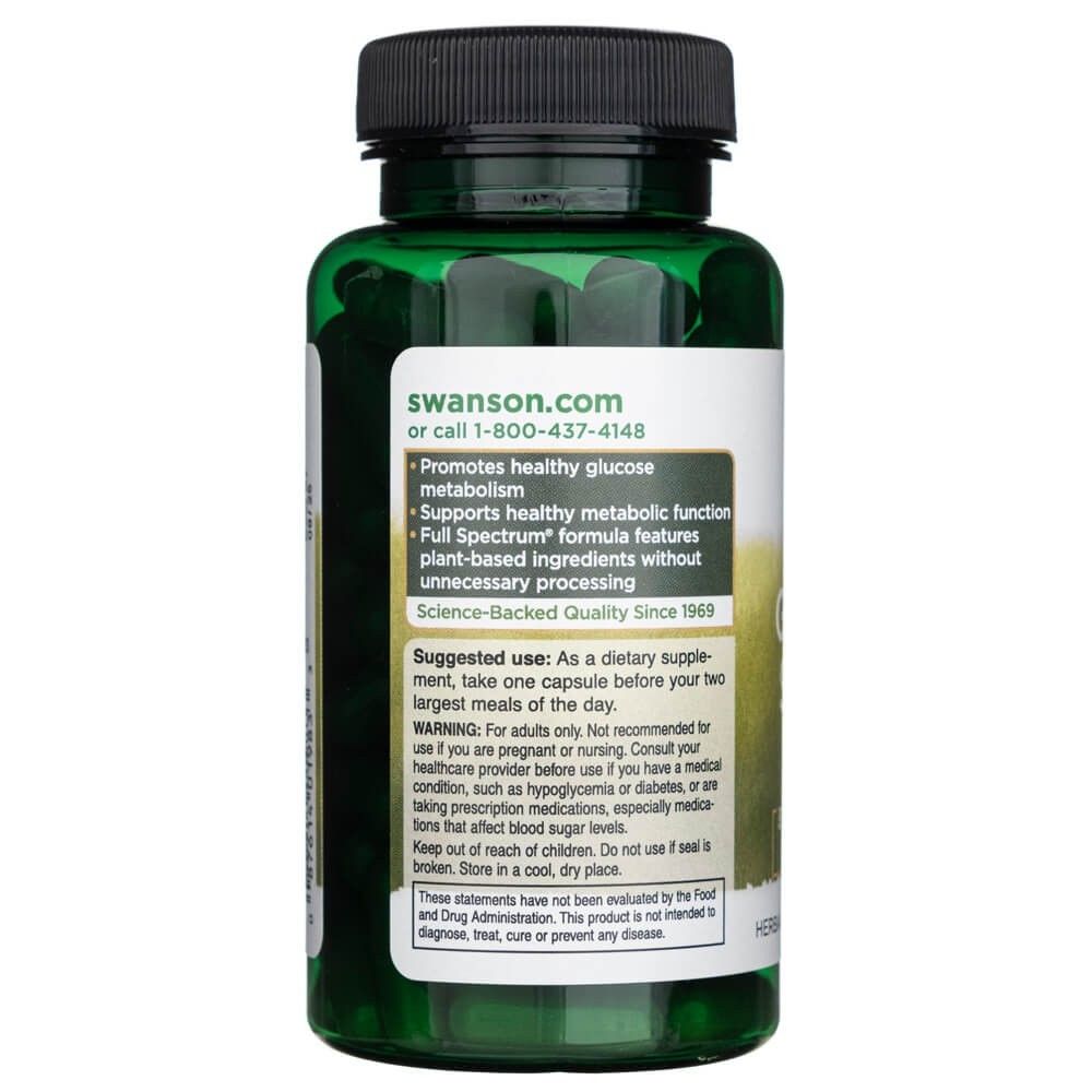 Rückseite einer Flasche Swanson Gymnema Sylvestre, mit Produktvorteilen und Anwendungshinweisen.