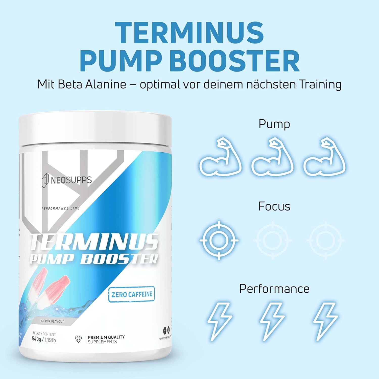 Dose TERMINUS PUMP BOOSTER. Text: ZERO CAFFEINE. Aufdruck: NEOSUPPS. Grafiken: Pump, Focus, Performance. 540g/1.19lb. Eis am Stiel.