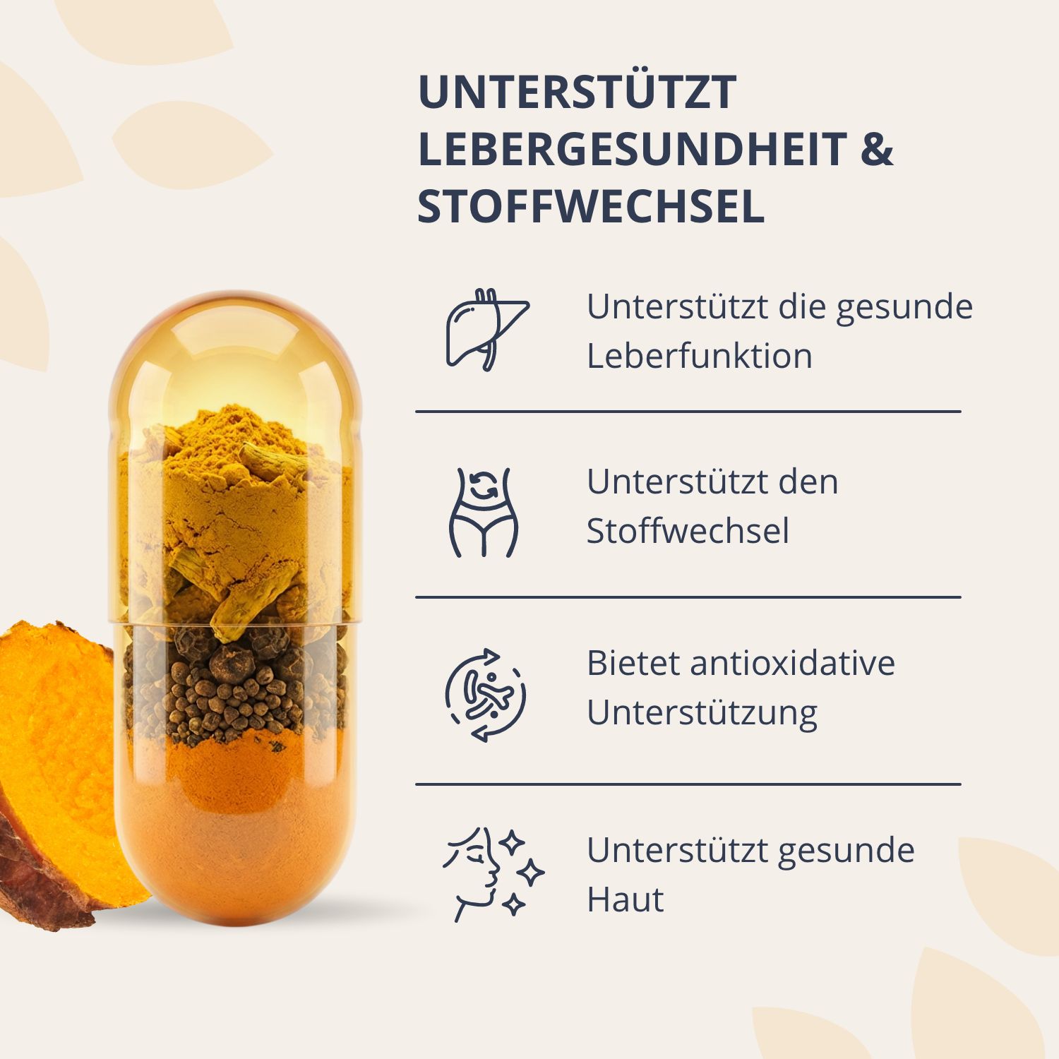 Detailansicht einer Kapsel Curcuma Cleanse, die Kurkuma-Pulver und Pfefferkörner zeigt.