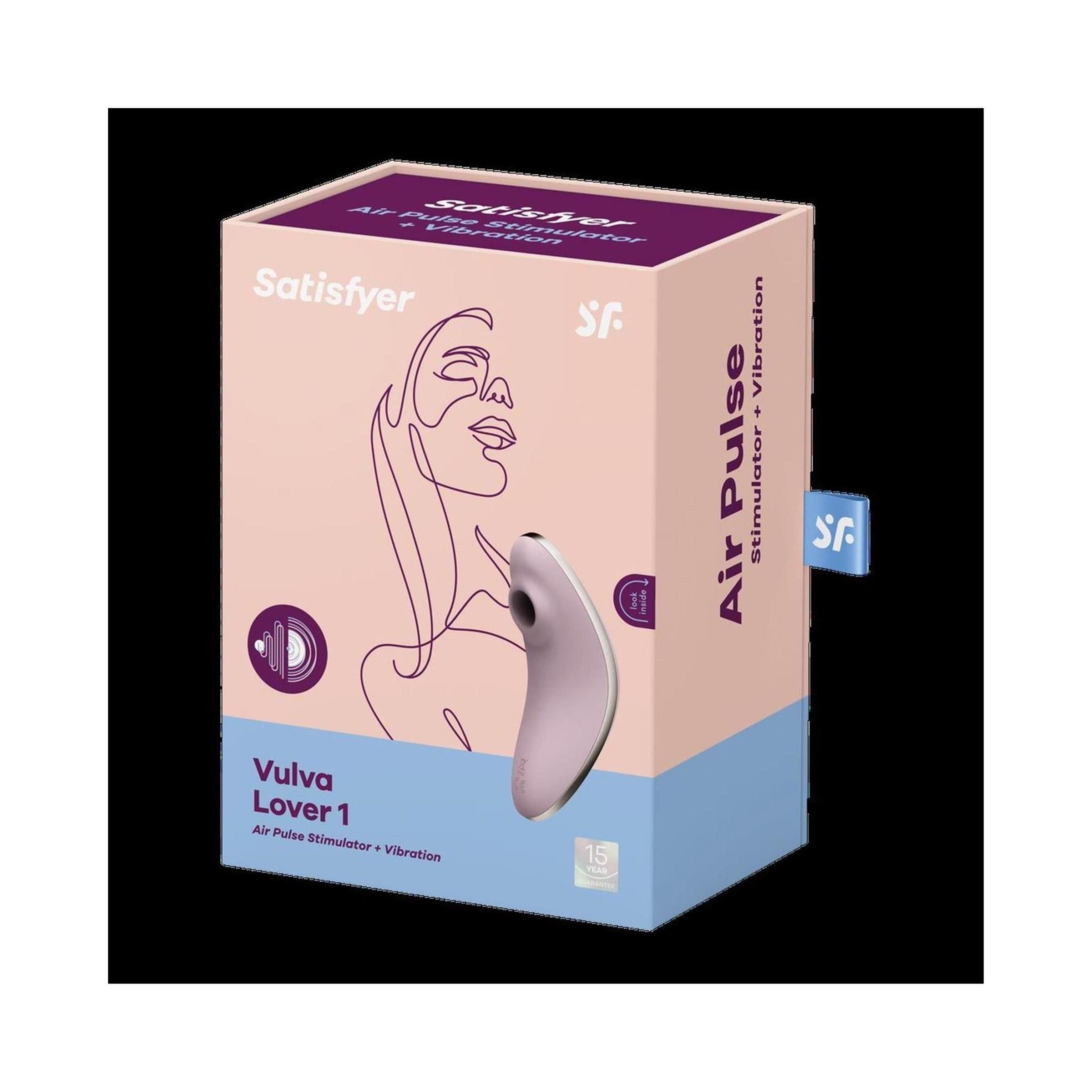 Verpackung mit Produktabbildung. Aufschrift: Satisfyer, Vulva Lover 1, Air Pulse Stimulator + Vibration.