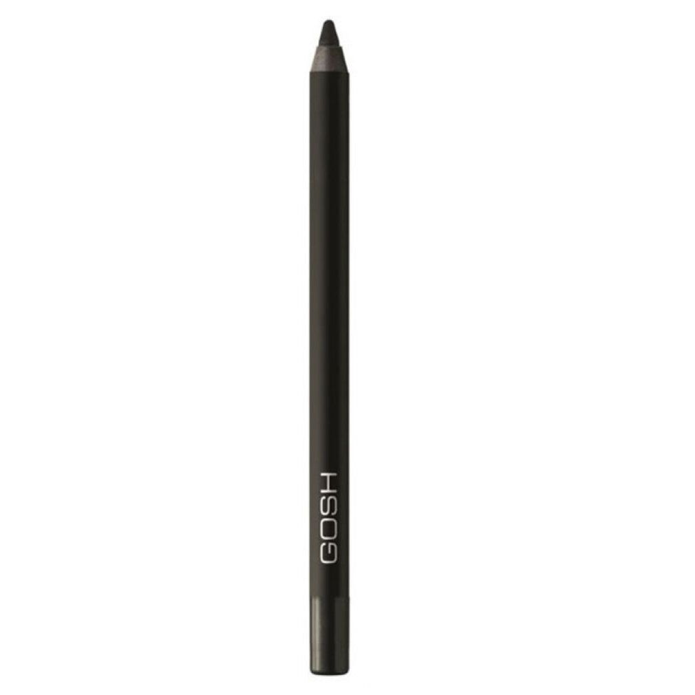 Gosh Velvet Touch Waterproof Eyeliner in Schwarz. Schwarzer Kajalstift mit silbernem Logo.