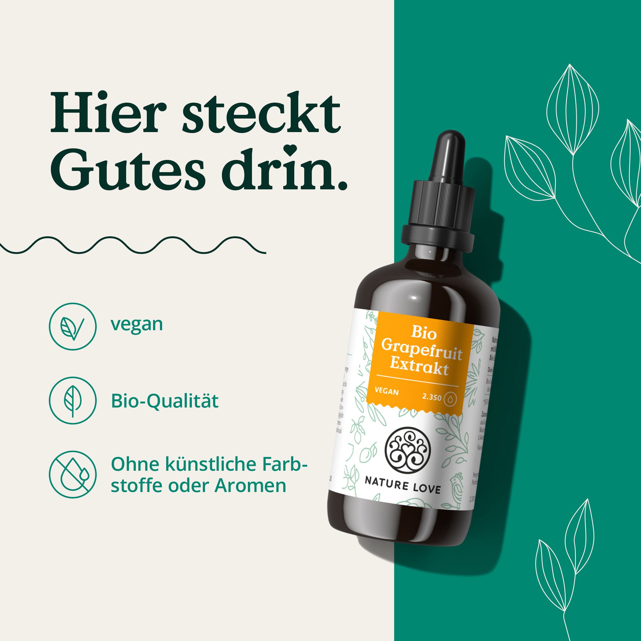 Produktflasche "Bio Grapefruit Extrakt". Text: "Hier steckt Gutes drin". Symbole: Vegan, Bio-Qualität, ohne Zusätze. Logo.