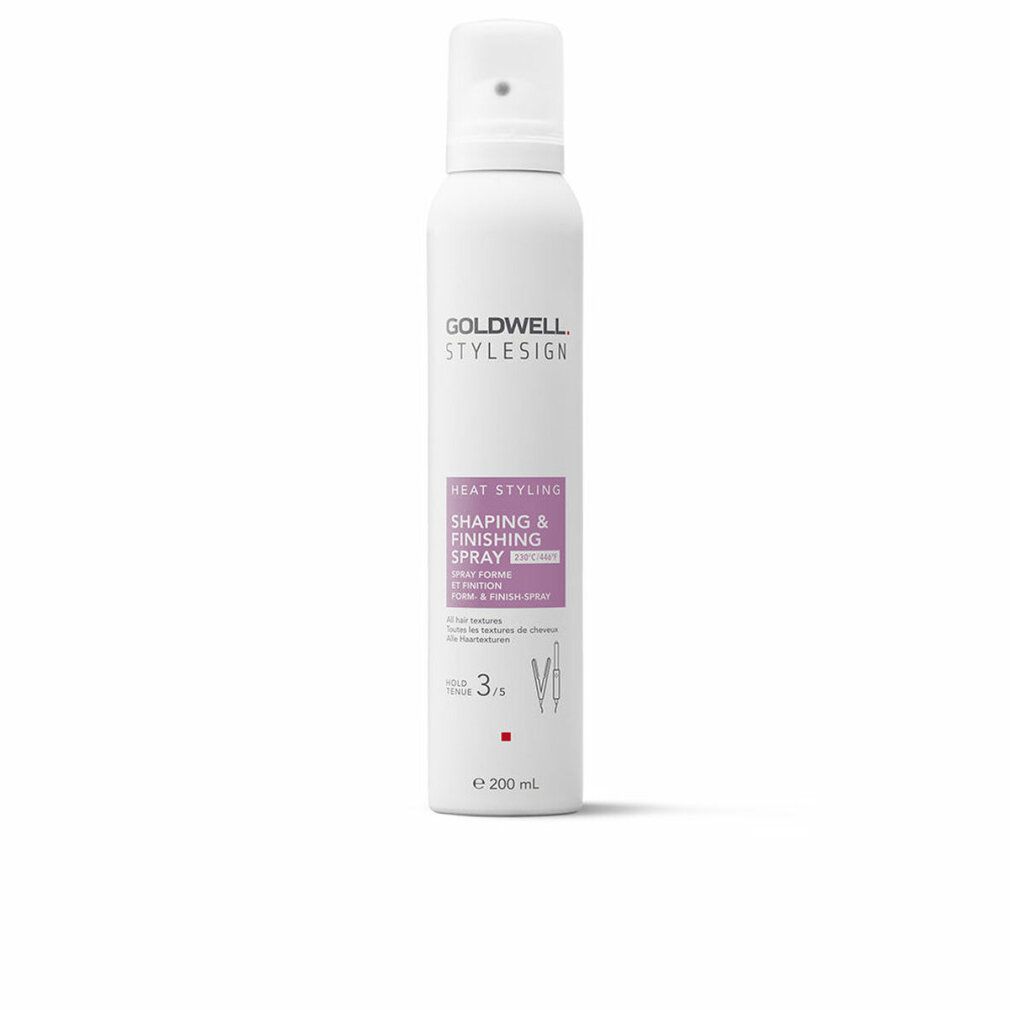 Weißes Spray mit lila Etikett. Aufschrift: Goldwell Stylesign Heat Styling Shaping & Finishing Spray. Volumen: 200 ml.