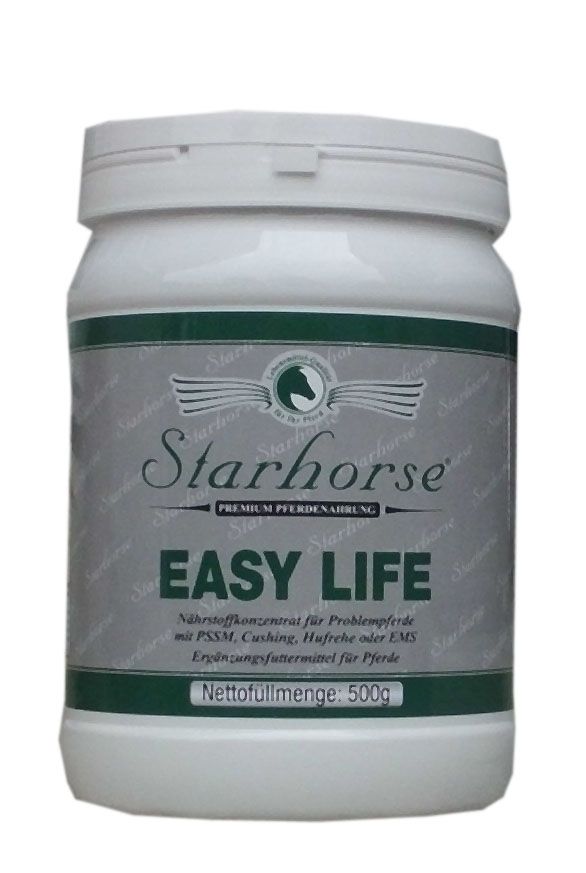 Weißer Behälter mit grünem Etikett. Aufschrift: Starhorse Easy Life, Ergänzungsfuttermittel für Pferde. Nettogewicht: 500g.