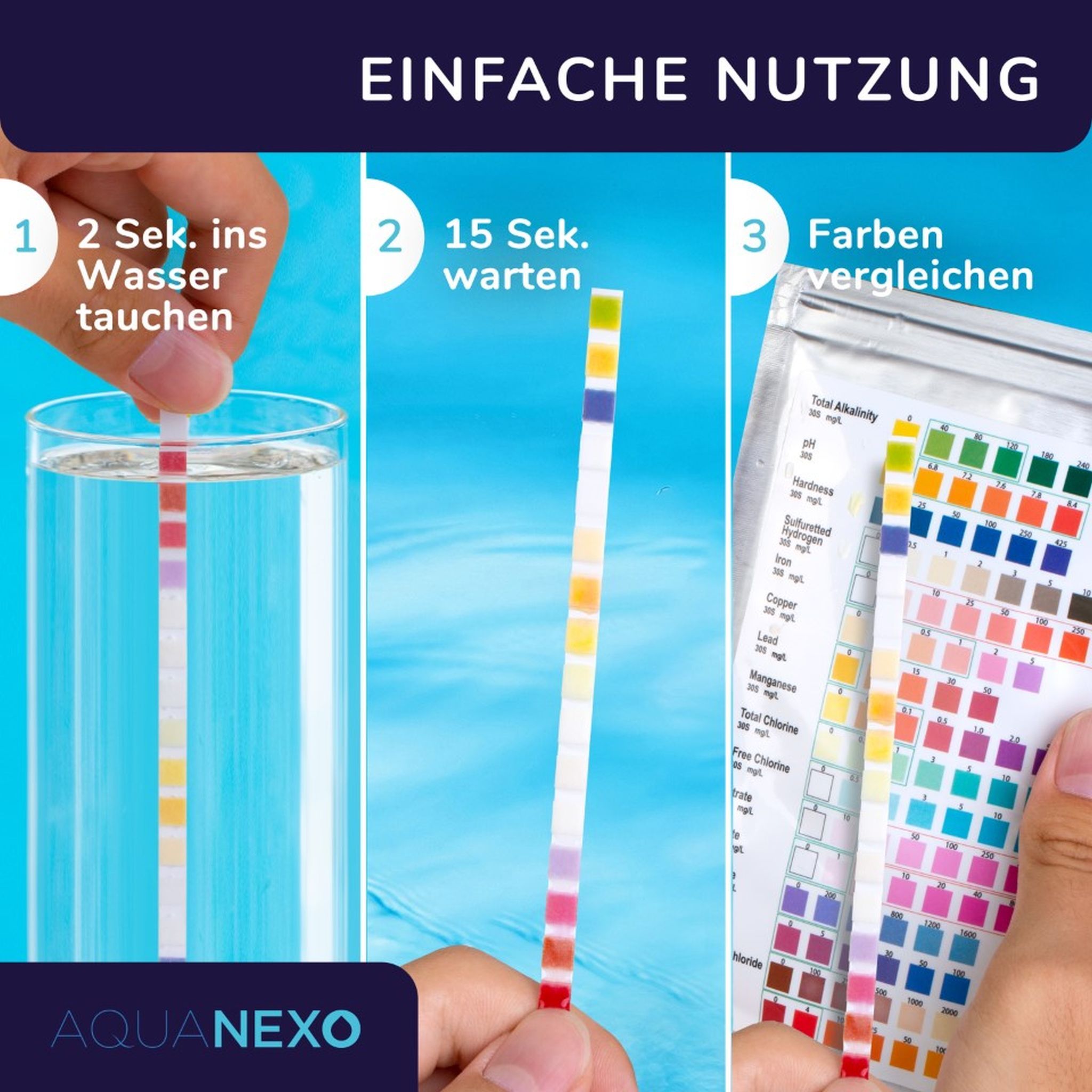 Teststreifen in Wasser. 3 Schritte: Eintauchen, warten, vergleichen. AquaNexo-Logo. Farbabgleich mit Farbskala. Teststreifen-Anwendung.