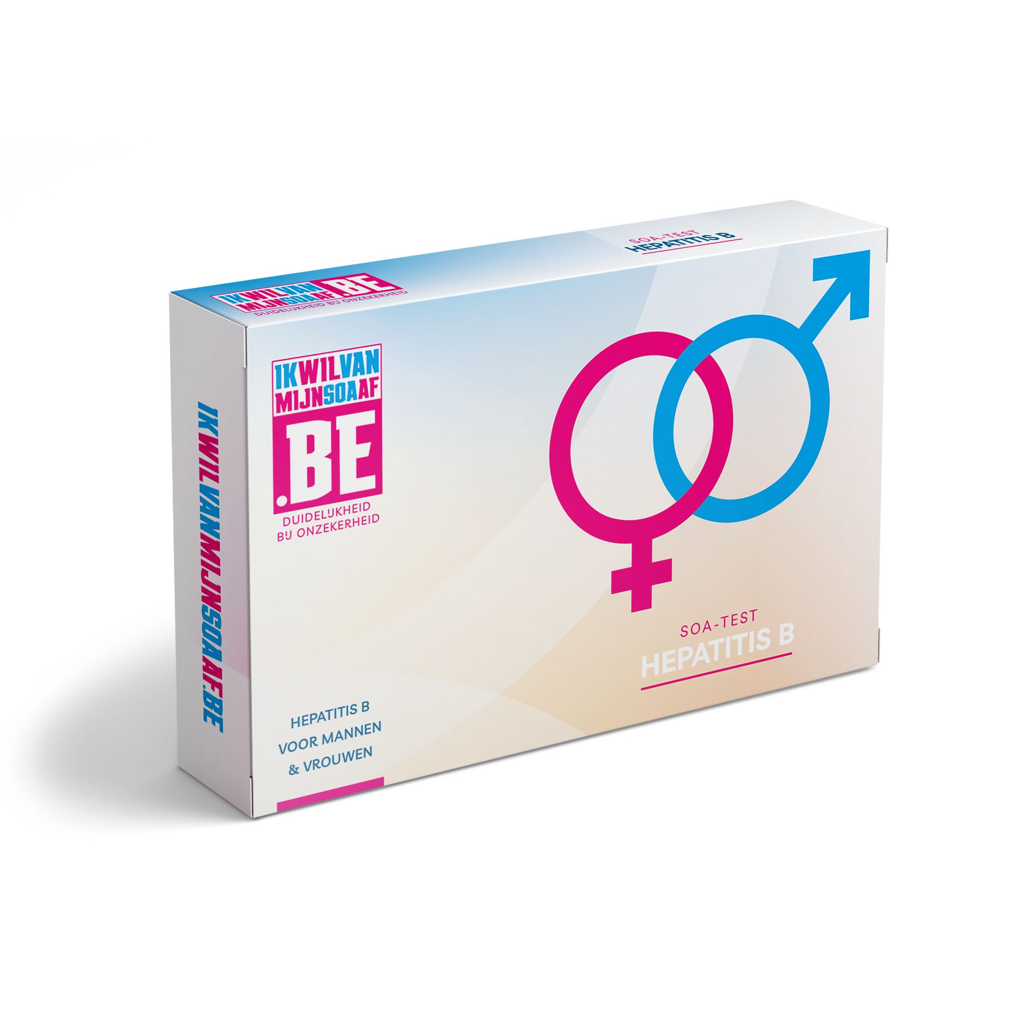 Verpackung mit rosa und blauem Geschlechter-Symbol. Text: Hepatitis B Test für Männer & Frauen.