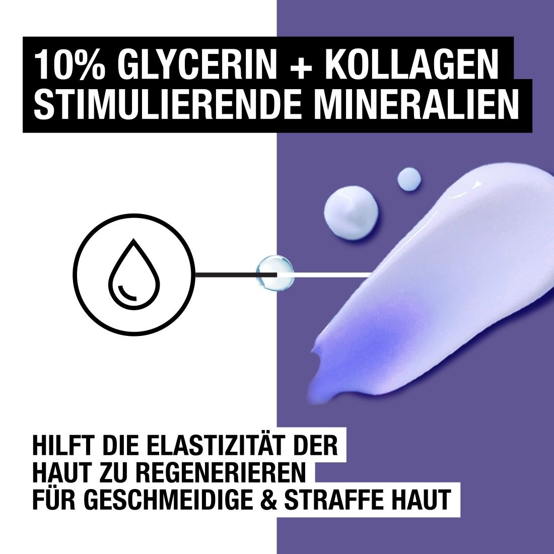 Nahaufnahme: Creme-Textur mit Inhaltsstoffen. Text: 10% Glycerin + Kollagen, stimulierende Mineralien. Hilft die Elastizität zu regenerieren.