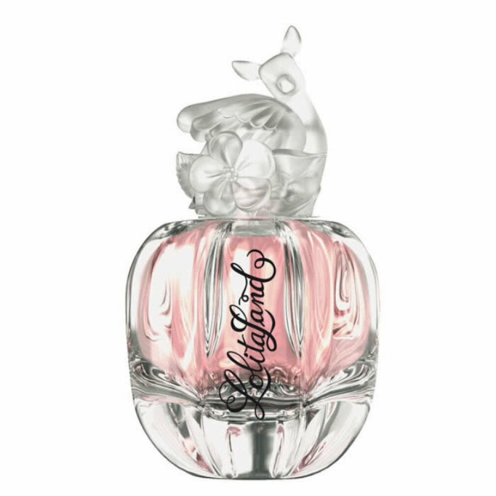 Lolita Lempicka Lolitaland Eau De Parfum Spray. Flakon mit rosa Flüssigkeit. Dekorative Kappe mit Reh-Figur. Text: Lolitaland.