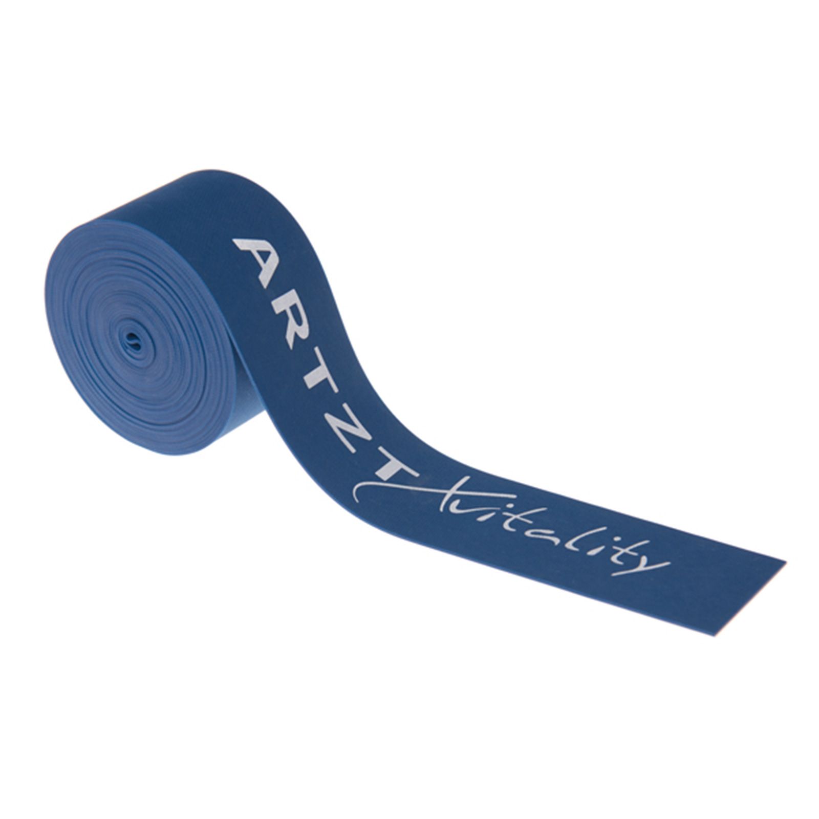 Blaues Flossband, gerollt. Aufschrift ARTZT Vitality in Weiß.