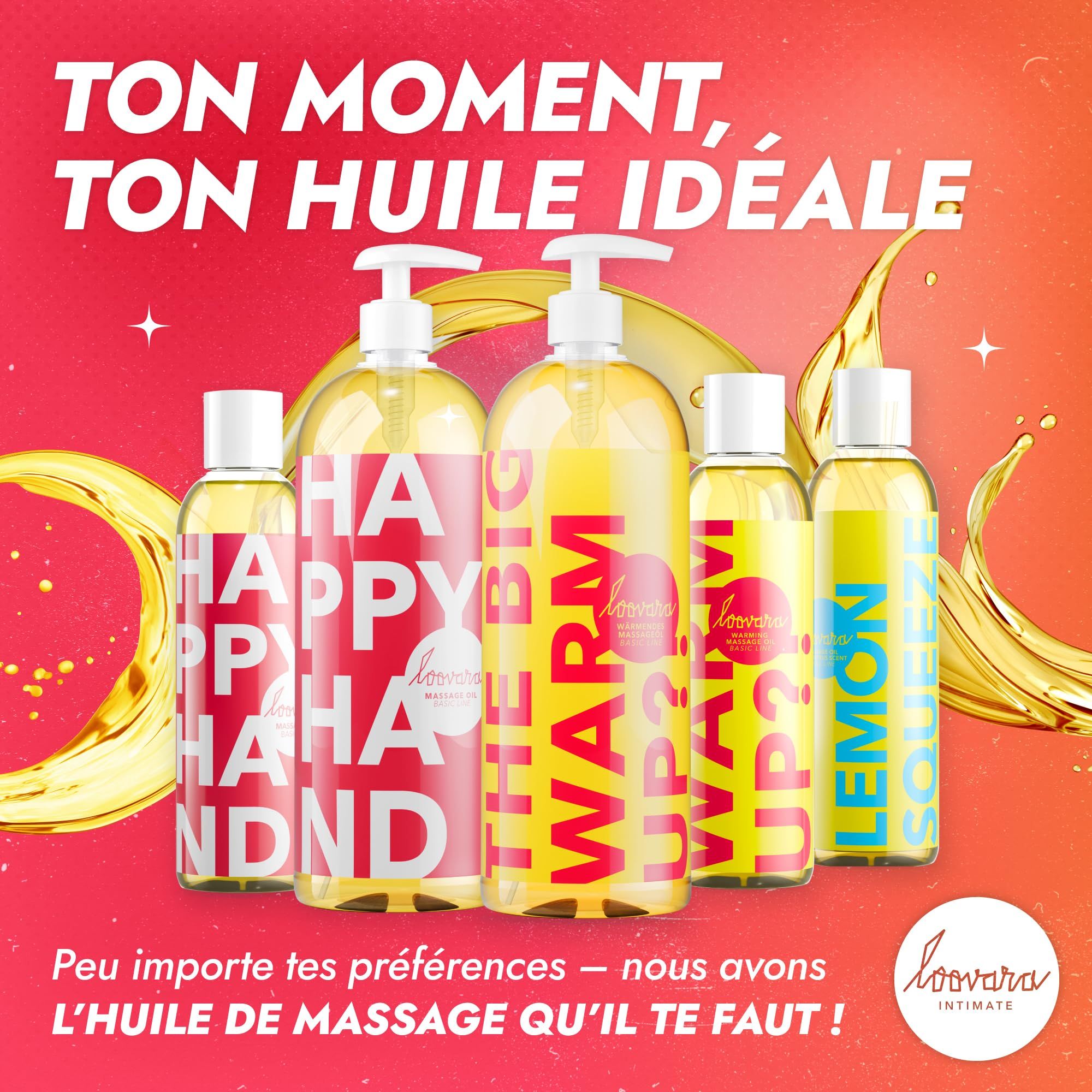 Mehrere Flaschen Loovara Massageöle, darunter 'Happy Hand', 'Warm Up', 'Way Up?', 'Lemon Squeeze'.