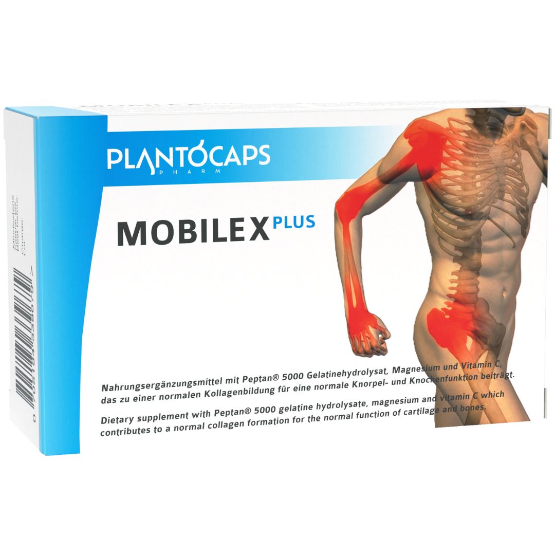 Schachtel mit plantoCAPS MOBILEX PLUS. Abbildung eines menschlichen Körpers mit hervorgehobenen Gelenken.