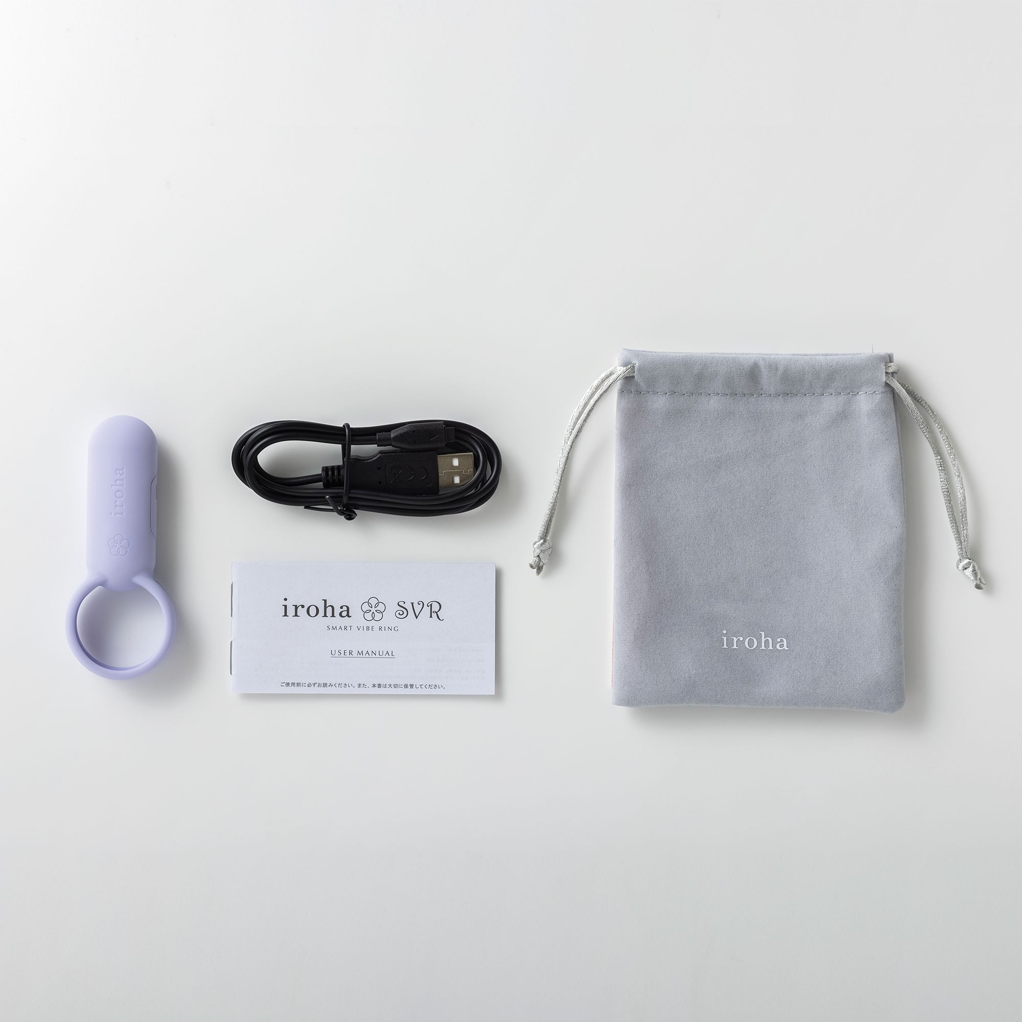 Paar-Vibrator, Ladekabel, Beutel und Karte. Marke iroha. Zubehör für das Produkt.