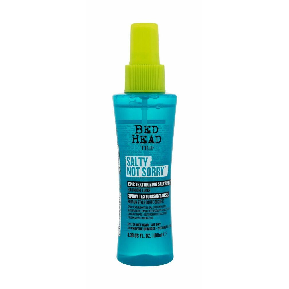 Türkisblaue Sprühflasche mit grünem Sprühkopf. Aufschrift: Bed Head Tigi Salty Not Sorry Epic Texturizing Salt Spray.