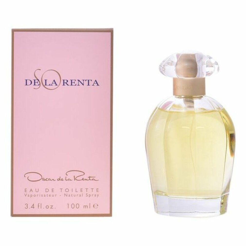Parfümflasche und rosa Verpackung. Flasche mit transparentem Deckel und goldfarbenem Hals. Verpackung mit Text.