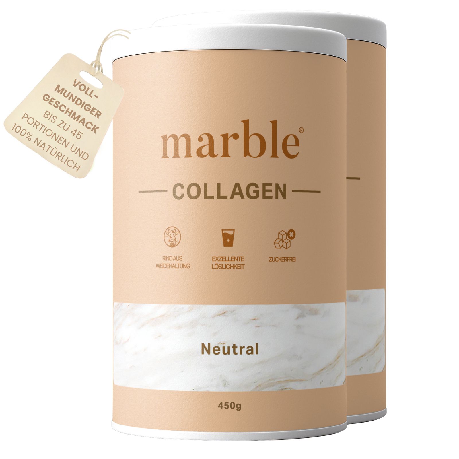 Zwei Dosen mit "marble" und "COLLAGEN". "Neutral" und 450g. Anhänger: "VOLLMUNDIGER GESCHMACK" und Text.