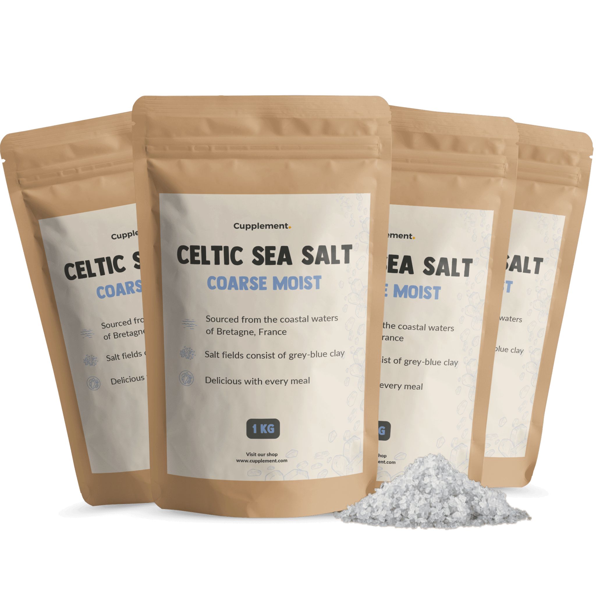 Mehrere Beutel Cupplement® Keltisches Meersalz, grob, feucht. Aufschrift: Celtic Sea Salt, 1 kg.