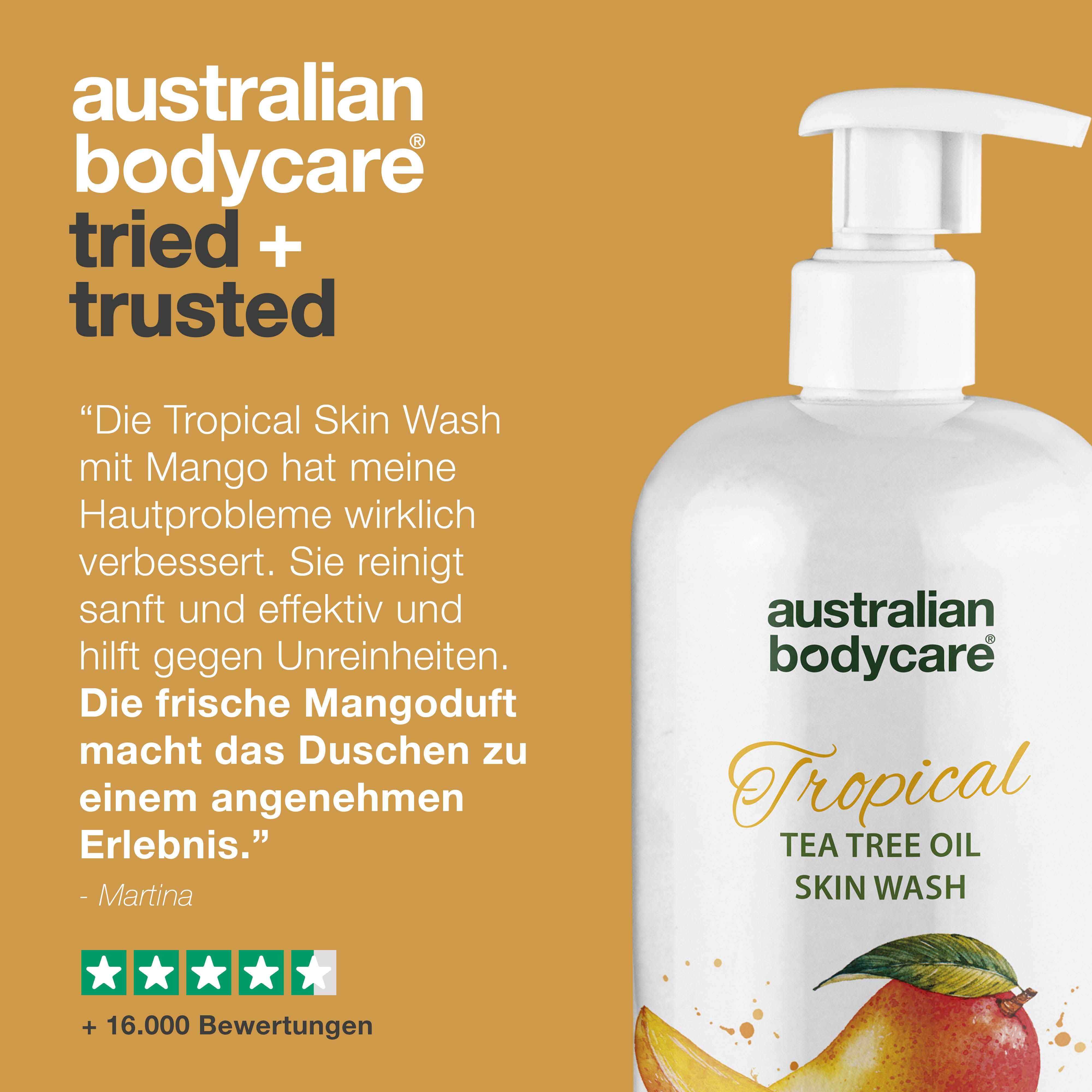 Produktflasche mit Text: Australian Bodycare, Tropical, Tea Tree Oil Skin Wash, Sweet Mango. Text: Zitat und Sternebewertung.